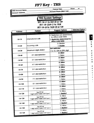 Page 417FlVKey-TRS 
’ 3% Account Name Cutover Date Sheet of 
Account Phone (Main List) 
I 
n Settings 1 
International calls 
ofWe code tab/8 
0: Disable 
-l#-2# Incoming calls 
I: m&8 
Not f8Shkted 
-l#-3% Maximum digits dialed 
1 to 15: 15th to 29th digit 
0: Allow 
-I#-AX 211 dial restriction 1: Deny 
0: Allow 
-l#-5# 311 dial restriction 1: Deny 
0: A/low 
-l#-6# 411 dial 
restriCtiOn 1: Deny 
0: Allow 
-l#-7# 511 dial restriction 1: Deny 
0: Allow 
-111-M 611 dial restriction 1: Deny 
0: Allow 
-l#-9# 7 11...