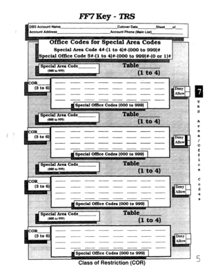 Page 419FYVKey-ZftZS 
( ‘: 
PBS Account Name 
Cutover Date 
Sheet of 
1 
Account Address Account Phone (Main List) 
--- 
(3 to 6)l ::i$!:. 
- - -- - - - - - 
F :F& 
COR ---m---- 
(3to6) 
I - - - - - - - - 
-- ------ 
-------- 
-- - - - - - - 
- - - __ - - 
COR 
l------------ 
(3 to 64 - ___ ___ ___ - 
- - - - - - - 
- - - - - 
d Special Office Codes (000 to 999) 
T 
R 
S 
A 
r 
e 
a 
/ 
0 
f 
f 
i 
C 
e 
.. 3 ...... “. :  . .: ..:;. .. 
Class of Restriction (COR)  