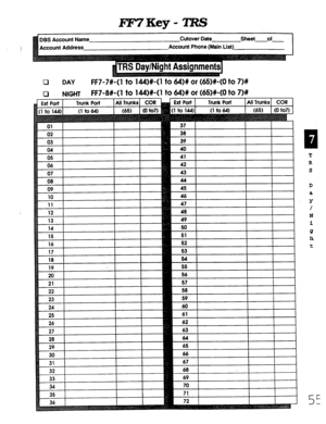 Page 421Account Address Cutover Date 
sheet of 
Account Phone (Main Ust) 
0 
DAY FF7-7#-( 1 to 144)#-( 1 to &I)# or (65)#-(0 to 7)# 
0 NIGHT FF7-8#-( 1 to lb!)+( 1 to 64)# or (&)#-(0 to 7)# 
42 R 
43 s 
44 
D 
a 
Y 
I I 
49 I I N 
I I I 
53 1 t 
I 
26 
77 
-- 
I I 
65 1 
I I 
I 
c 5-  