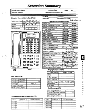 Page 433Extension Summary 
DBS Account Name 
Account Address Cutover Date 
Sheet-of 
Account Phone (Main List) 
Extension General Information (FF3,6) 
]16022034CI)Std. 
7 
Hunf Group (FF4) 
~(1. ran 
(1 to 144) 
Hunt Group Member 
Hunt Group Number 
Hunt Type 
Transfer Extension 
Pilot Extension/Name I to6 
T/D/L Ex-tension Programming 1 (FF3) Mu/k = Defautt 
ForcZz 
Forced Veriied Acct Code 
DEnable 0 Ditcrble 
1 1 
Station Lockout Code 
CO Off Hook Signal 
Call Waiting . .- 
Busy Override 
Busy Overridden I I...