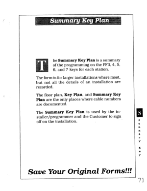 Page 437he Summary Key Plan is a summary 
of the programming on the FF3,4, 5, 
6, and 7 keys for each station. 
The form is for larger installations where most, 
but not all the details of an installation are 
recorded. 
The floor plan, Key 
Plan, and Summary Key 
Plan are the only places where cable numbers 
are documented. 
The Summary Key 
Plan is used by the in- 
staller/programmer and the Customer to sign 
off on the installation. 
Save Your Original Forms!!! 
Q 
S 
U 
m 
m 
a 
I: 
Y 
I K 
8 
Y 
71  