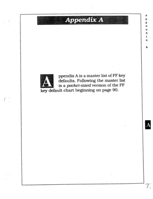 Page 439ppendix A is a master list of FF key 
defaults. Following the master list 
is a pocket-sized version of the FF 
key default chart beginning on page 90. 
1 
A 
P 
P 
e 
n 
d 
i 
X 
A  