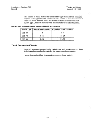 Page 45Installation, Section 300 
Issue 2 Trunks and Lines 
August 16,1993 
The number of trunks that can be connected through the main trunk connector 
depends on the type of system you have and the number of trunk cards installed. 
Table 4-l shows the main trunks and expansion trunks available with each 
system type. Chapter 6 includes trunk maximums for two-cabinet systems. 
Table 4-1. Main trunks and expansion trunks provided with each system type 
System Type Main Trunk Numbers Expansion Trunk Numbers 
DBS...