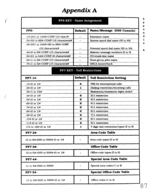 Page 453Appendix A 
FF6- 
Default Name/Message (DSS Console) 
-l#-(001 to 144)#-CONF-(10 char.)+/ Extension name 
-2#-(00 to 89)#-CONF-(16 characters)# - System speed dial name (00 to 89) 
-3#-(001 to 144)#-(90 to 99)#-CONF 
-( 16 character+ 
-4#-(5 to 9)#-CONF-(15 characters)# 
-5#-(01 to 64)#-CONF-(6 characters)# 
-6#-( 1 to 8)#-CONF-ii0 cha.ractexs)# 
-7#-( 1 to 5)#-CONF-( 15 characteIs)# - 
- 
- Personal speed dial name (90 to 99) 
Absence message numbers (5 to 9) 
CO-trunk-line name 
Hunt-group pilot name...