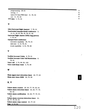 Page 486piogramrning 28-33 I 
setting 3 n 
. 
types (CO line/PBX line) 3 1, 76.92 d 
use 31. 76. 92 e 
lTY data 5.74.90 i 
U 
UNA (Universal Night Answer) 7. 75.91 
Unattended (unsupervised) conference 2. 
13. 31. 35. 67. 68, 75, 76, 91, 92 
Universal Night Answer (UNA) riug pattern 
7. 75, 91 
Unsupervised conference 
extension capability 35. 75. 91 
talk-time 2, 13. 75.91 
trunk capability 2, 3 1. 76. 92 
V 
Verified Account Codes 8.75.91 
Verified Account Code Toll Restriction 8, 
75.91 
Voice call 3. 74....