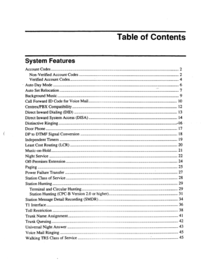 Page 491Table of Contents 
System Features 
Account Codes.. .......................................................................................................................... 2 
Non-Verified Account Codes ................................................................................................. 
2 
Verified Account Codes .......................................................................................................... 4 
Auto Day Mode...