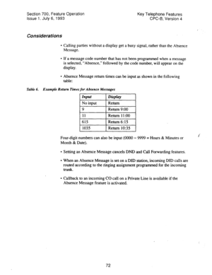 Page 566Section 700, Feature Operation Key Telephone Features 
Issue 1. July 6, 1993 CPC-l3, Version 4 
Considerations 
I 
l 
Calling parties without a display get a busy signal, rather than the Absence 
Message. 
l If a message code number that has not been programmed when a message 
is selected, “Absence,” followed by the code number, will appear on the 
display. 
l Absence Message return times can be input as shown in the following 
table: 
Table 6. Exnmple Return Times for Absence Messages 
Input 
Display...