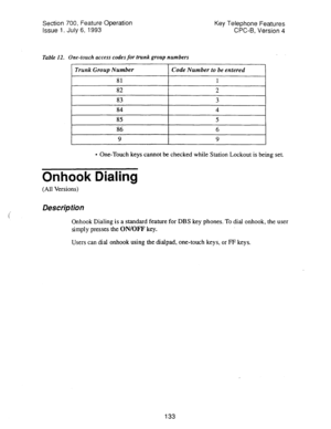 Page 627Section 700, Feature Operation Key Telephone Features 
Issue 1. July 6, 1993 CPC-B, Version 4 
Table 12. One-touch access codes for trunk group numbers 
Trunk Group Number Code Number to be entered 
81 1 
82 2 
83 3 
84 4 
85 5 
86 6 
9 9 
l One-Touch keys cannot be checked while Station Lockout is being set. 
Onhook Dialing 
(All Versions) 
Description 
Onhook Dialing is a standard feature for DBS key phones. To dial onhook, the user 
simply presses the ON/OFF key. 
Users can dial onhook using the...