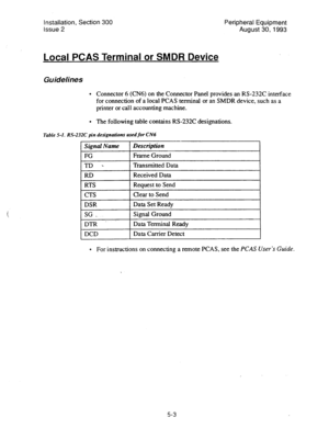 Page 85Installation, Section 300 
Issue 2 Peripheral Equipment 
August 30,1993 
Local PCAS Terminal or SMDR Device 
Guidelines 
l Connector 6 (CN6) on the Connector Panel provides an RS-232C interface 
for connection of a local PCAS terminal or an SMDR device, such as a 
printer or call accounting machine. 
l The following table contains RS-232C designations. 
Table 5-I. RS-232C pin designations used for CN6 
Signal Name Description 
FG Frame Ground 
TD . 1 Transmitted Data 
RD 
RTS 
CTS 
DSR 
SG 
_ 
DTR - 
DCD...