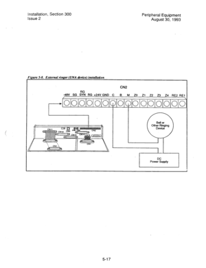 Page 99Installation, Section 300 
Issue 2 Peripheral Equipment 
August 30, 1993 
Oigure S-8. External ringer (UNA device) installation 
CN2 
-48V SG &?J RG +24V GND C B 
/ M ZO Zl 22 23 24 RE2 REl 
, 
r 010/0/0/0/0101010/0/o1o/o1o1o10 
5-17  