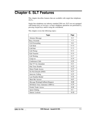 Page 1006Chapter 6. SLT FeaturesThis chapter describes features that are available with single-line telephones
(SLTsJ.Single-line telephones are industry-standard 
2500 sets. SLTs are not equipped
with feature keys or 
line keys, so basic telephone operations are performed bypressing 
dialpad keys and/or using the switchhook.
This chapter covers the following topics:
Absence Message
TopicPage6-3 
I
’ Busy Override
Cal i Forwarding
Call Hold
I6-j (,6-6 
i
6-10Call Park
Call Pickup
Cali Transfer
Call Waiting...