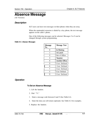 Page 1008Section 700 - OperationChapter 6. SLT Features
Absence Message
(All Versions)
DescriptionSLT users can leave text messages on their phones when they are away.
When the unattended extension is dialed by a key phone, the text message
appears on the caller’s phone.
One of the following messages can be selected. Messages 5 to 9 can be
changed through system programming.
Table 6-I. Absence Messages
Message
No.Message Text
I 21 Out of Office1
I 5I User Defined II 
61. User Defined II 7
1 User Defined 1I
8I...