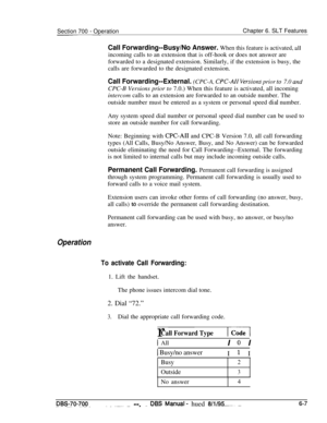 Page 1012Section 700 - OperationChapter 6. SLT Features
Call Forwarding--Busy/No Answer. When this feature is activated, allincoming calls to an extension that is off-hook or does not answer are
forwarded to a designated extension. Similarly, if the extension is busy, the
calls are forwarded to the designated extension.
Call Forwarding--External. (CPC-A, CPC-AZ1 Versiom prior to 7.0 undCPC-B Versions prior to 7.0.) When this feature is activated, all incoming
intercom calls to an extension are forwarded to an...