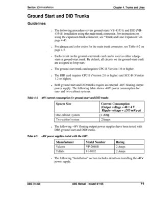 Page 131Section 300~installation
Ground Start and DID Trunks
GuidelinesChapter 4. Trunks and Lines
lThe following procedure covers ground-start (VB-43531) and DID (VB-
43541) installation using the main trunk connector. For instructions on
using the expansion trunk connector, see “Trunk and Line Expansion” on
page 4-43.
lFor pinouts and color codes for the main trunk connector, see Table 4-2 on
.page 4-5.
lEach circuit on the ground-start trunk card can be used as either a loop-
start or ground-start trunk. By...