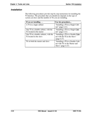 Page 142Chapter 4. Trunks and Lines
Section 300~Installation
Installation
The following procedures provide step-by-step instructions for installing the
Tl Interface. The procedure that you should use depends on the type of
system you have and the number of Tls you are installing.
If you are installing . . .1 Use this procedure...1
A Tl in a single cabinet“Installing a Tl in a Single Cabi-
net” (page 4-21)
One 
Tl in a double cabinet, with the“Installing a Tl in a Single Cabi-
Tl’ located in the masternet” (page...