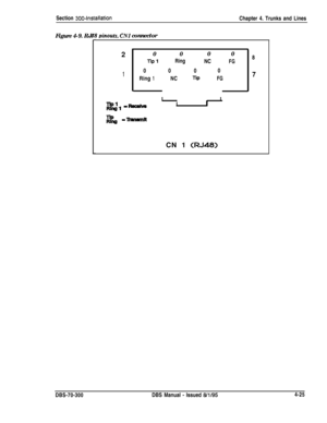 Page 147Section 300~InstallationChapter 4. Trunks and Lines
Figure 4-9. RJ4
18 pinouts. CNI connectorc2
10000
TiPlRingNC8FG0000
17RingNCTPFGII
RecelvmIICN 1 
(RJ48)DBS-70-300DBS Manual 
- Issued 8/l/954-25 