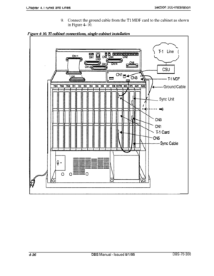 Page 148mapter 4. t rums ano Lmessectlon mmstattatton
9.Connect the ground cable from the Tl MDF card to the cabinet as shown
in Figure 4- 10.
gure 4-10. Tl cabinet connections, single-cabinet instalkztion
n\ T-1 Line (
t Ground Cable
Sync Unit
4-26DBS Manual - Issued 8/l/95DBS-70-300 