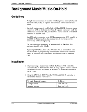 Page 174Chapter 5. rerlpnerat Equipmentsection 300~Installation
Background Music/Music-On-Hold
Guidelines
lA single music source can be used for both background music (BGM) and
music-on-hold (MOH), or separate music sources can be used for each
feature.
lIf a single music source is used for both MOH and BGM, the music source
connects to CN5 on the Connector Panel. If separate sources are used, the
MOH source connects to CN5, and the BGM source connects to the BGM
connector on the SCC card.
lIf an FM radio is...