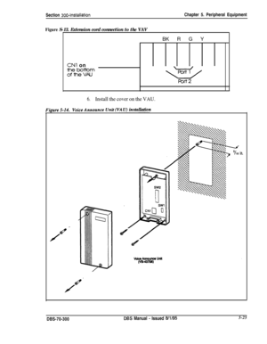 Page 191Section 300~InstallationChapter 5. Peripheral Equipment
Figure S-13. Extension cord connection to the VAVBK R G Y
CNl on
ZfetiYE,+++J,
Rxt2
6.Install the cover on the VAU.
A nnnrmreIJnif WA 11)insta&tion
in.DBS-70-300
DBS Manual - Issued 8/l/955-25 