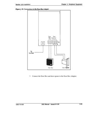 Page 199Section 300~InstallationChapter 5. Peripheral Equipment
Figure j-19. Cordons to the Door Box A&ptor
1
DoorDoor
60x Opener
To
Ext Port
Door BoxDoor Opener
5.Connect the Door Box and door opener to the Door Box Adaptor.
DBS-70-300DBS Manual - Issued 8/l/955-33 