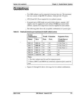 Page 205Section 300~InstallationChapter 6. Double-Cabinet Systems
Guidelines
lTwo DBS cabinets can be connected to increase line size. The maximum
line size consists of 
two DBS 96 cabinets, which provide 192 ports.
lCPC-B and SCC-B are required for two-cabinet systems.
lIf ground start or DID trunks are used in both cabinets, separate -48V
supplies must be supplied for each cabinet. 
If AECs are used in both
cabinets, separate SLT ringer boxes must be supplied for each cabinet.
lThe following table shows the...