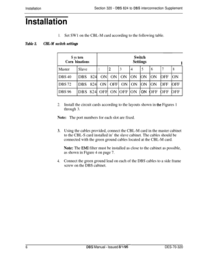 Page 245InstallationSection 320 - DBS 824 to DBS interconnection Supplement
Installation
1.Set SW1 on the CBL-M card according to the following table.
Table 3.CBL-M switch settings
S ys tern
Corn binations
Switch
Settings1
MasterSlave1.2345678
DBS 40DBS 824 ON ON ON ON ON ON OFF ON
DBS 72DBS 824 ON OFF ON ON ON ON OFF OFF
DBS 96DBS 824 OFF ON OFF ON ,ON OFF OFF OFF
2.Install the circuit cards according to the layouts shown in the Figures 1
through 3.
Note:The port numbers for each slot are fixed.
3.
4.
Using the...