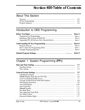 Page 250Section 400-Table of ContentsAbout This Section
Structure..........................................................................................................................
xvii
FF Key Programming.....................................................................................................xvii
Program Sequence..........................................................................................................xviiIntroduction to DBS Programming
Before You...