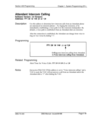 Page 304Section 400-Programming
Chapter 1. System Programming (FFI)
Attendant Intercom Calling
Software Version: All VersionsAddress: 
FFl 2# l# 14# (0 or l)#Description
Use this address to determine how intercom calls from an Attendant phone
are announced at extension phones -- by ringing the extension, or by
immediately establishing a voice path over the extension loudspeaker. By
default, a voice path is established when an Attendant dials an extension.
After the connection is established, the Attendant can...