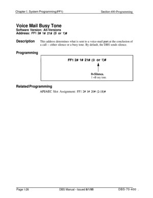 Page 311Chapter 1. System Programming (FF1)Section 400-Programming
Voice Mail Busy Tone
Software Version: All-VersionsAddress: 
FFl 2# 1# 21# (0 or l)#
DescriptionThis address determines what is sent to a voice-mail uort at the conclusion ofL
a call -- either silence or a busy tone. By default, the DBS sends silence.
Programming
I
FFl 2# l# 21# (0 or l)#
O=Silence.
1 =B usy tone.
Related Programming
API/AEC Slot Assignment: FF1 2# l# 20# (2-18)#
Page l-26DBS Manual - Issued 8/l/95DBS-70-400 . 