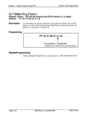 Page 327Chapter 1. System Programming (ITI)Section 400-Programming
SLT DISA Ring Pattern
Software Version:CPC-All (all versions) and CPC-B Version 3.1 or higher
Address:FFl 2# l# 34# (0 or l)#
DescriptionUse this address to specify a distinctive ring pattern for DISA calls on SLT
phones, or follow the Analog Transfer Ring Pattern setting. By default, the
pattern is 1 second on 
/ 3 seconds off.
Programming
FFl 2# 1# 34# (0 or l)#
1
kl second on / 3 seconds off.
i=Same as the Analog Transfer Ring Pattern.
Related...