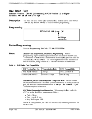 Page 347RAI Baud Rate
Software Version:CPC-All (all versions); CPC-B Version 1.0 or higher
Address: FFl 2# 2# lO# (0 or l)#
DescriptionThe baud rate used for the DBS’s internal RAI modem can be set to 300 or
1200 bps. By default, 300 bps is used for remote programming.
Programming
FFl 2# 2# lO# (0 or l)#
f
0=300 bps
1=1200 bus
Related ProgrammingRemote 
Progamming ID Code: FFl 4# (0000-9999)#
NotesModem Card Requirement for Remote Programming.Remote
programming is provided through a modem card installed on the...