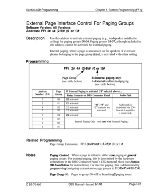 Page 352Section 400-FrogrammingChapter 1. System Programming (FIT j
External Page Interface Control For Paging Groups
Software Version: All VersionsAddress: 
FFl 2# 4## (219)# (0 or l)#
DescriptionUse this address to activate external paging (e.g., loudspeaker installed in
ceiling) for paging groups 
00-04. Paging groups 05-07, although included in
this address, cannot be activated for external paging.
Internal paging, where a page is announced on the speakers of extension
phones belonging to the page group...