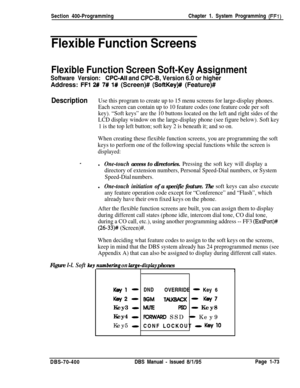 Page 358Section 400-ProgrammingChapter 1. System Programming (FFl)
Flexible Function Screens
Flexible Function Screen Soft-Key Assignment
Software Version:CPC-All and CPC-B, Version 6.0 or higherAddress: 
FFl 2# 7# l# (Screen)# (SoftKey)# (Feature)#
DescriptionUse this program to create up to 15 menu screens for large-display phones.
Each screen can contain up to 10 feature codes (one feature code per soft
key). “Soft keys” are the 10 buttons located on the left and right sides of the
LCD display window on the...