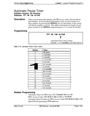 Page 388Section 4uu-rrogrammingUiapter 1. system Progfammrng (FFl)
Automatic Pause Timer
Software Version: All VersionsAddress: 
FFI 3# 12# (0-15)#
DescriptionWhen users program their phones with PBX access codes, Personal Speed
Dial numbers, or System Speed Dial numbers, they can insert pause(s) in
these numbers (by pressing the 
REDIAL key for each pause) so the system
will dial the numbers correctly. This address determines the length of each
pause inserted by the 
REDIAL programming key (3.5 seconds by...