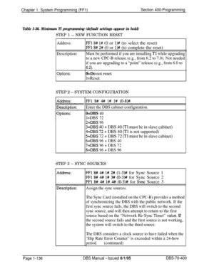 Page 421Chapter 1. System Programming (FFI)Section 400-Programming
Table l-36. Minimum Tl programming (default settings appear in bold)
STEP 1 -- NEW FUNCTION RESET
Address:
Description:
Options:
,
FFl 8# l# (0 or l)# (to select the reset)
FFl 8# 2# (0 or l)# (to complete the reset)
Must be performed if you are installing Tl while upgrading
to a new CPC-B release (e.g., from 6.2 to 7.0). Not needed
if you are upgrading to a “point” release (e.g., from 6.0 to
6.2).
O=Do not reset
l=Reset
STEP 2 -- SYSTEM...