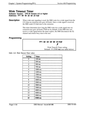 Page 435Chapter 1. System Programming (FFl)Section 400-Programming
Wink Timeout Timer
Software Version:CPC-B Version 4.0 or higherAddress: 
FFl 8# 4# 2# 6# (O-15)#
DescriptionWhen wink-start signaling is used, the DBS waits for a wink signal from the
CO when an extension user goes off-hook. Once a wink signal is received,
the DBS sends CO dial tone to the extension.
This timer determines how long the DBS waits for a wink signal once an
extension user goes off-hook (5500 ms by default). If the DBS does not...