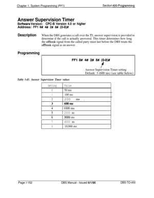 Page 437Chapter 1. System Programming (FFl)Section 400-Programming
Answer Supervision Timer
Sofhvare Version:CPC-B Version 4.0 or higherAddress: 
FFl 8# 4## 2# 8# (0-8)#
DescriptionWhen the DBS generates a call over the Tl. answer supervision is provided to
determine if the call is actually answered. This timer determines how long
the 
offhook signal from the called party must last before the DBS treats the
offhook signal as an answer.
Programming
I
FFl 8# 4# 2# 8# (018)#
f
Answer Supervision Timer setting...