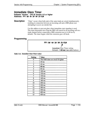 Page 438Section 400-ProgrammingChapter 1. System Programming (FFl)
Immediate Glare Timer
Software Version:
CPC-B Version 4.0 or higherAddress: 
FFl 8# 4## 2# 9# (0115)#
Description
Programming“Glare” occurs when both ends of the same trunk are seized simultaneously,
resulting in connection between an incoming call and a DBS phone user
attempting to access an outside line.
Use this address to prevent glare when immediate-start signaling is used.
This timer determines how long the DBS will search for an incoming...