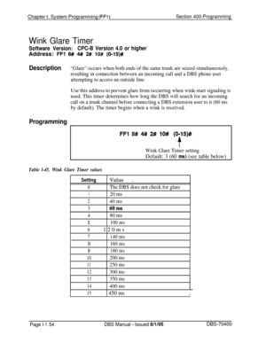 Page 439Chapter I. System Programming (FF’l)Section 400-Programming
Wink Glare Timer
Software Version:CPC-B Version 4.0 or higherAddress: 
FFl 8# 4# 2# 10# (0-15)#
Description“Glare” occurs when both ends of the same trunk are seized simultaneously,
resulting in connection between an incoming call and a DBS phone user
attempting to access an outside line.
Use this address to prevent glare from occurring when wink-start signaling is
used. This timer determines how long the DBS will search for an incoming
call on...