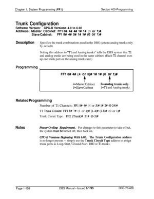 Page 443Chapter 1. System Programming (FFl)Section 400-Programming
Trunk Configuration
Software
Version:CPC-BVersions
4.0to6.02Address: Master Cabinet: 
FFl 8# 4## 4## 1# I# (0 or l)#
Slave Cabinet:FFl 8# 4# 5# 1# 1# (0 or l)#
DescriptionSpecifies the trunk combinations used in the DBS system (analog trunks only
by default).
Setting this address to “Tl and Analog trunks” tells the DBS system that Tl
and analog trunks are being used in the same cabinet. (Each Tl channel uses
up one trunk port on the analog trunk...