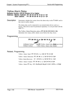 Page 465Chapter 1. System Programming (FFl )Section 400-ProgrammingYellow Alarm Relay
Software Version: CPC-B Version 4.0 or higherAddress: Master Cabinet: 
FFl 8# 4## 4## 4# l# (0 or l)#
Slave Cabinet:FFl 8# 4# 5# 4# l# (0 or l)#DescriptionDetermines whether the system closes the alarm relay on the 
Tl MDF card in
the event of yellow alarms.
The alarm relay can be connected to an external alarm device such as a
buzzer. (This device must be purchased separately; it is not provided with the
DBS 
Tl.)
The Yellow...