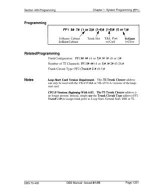 Page 486Section 400-ProgrammingChapter 1. System Programming (FFl)
Programming
rI
FFl 8#7#
l=Master Cabinet
2=Slave Cabinet
Trunk SlotT&k PortO=Open
on Cardl=Close
Related Programming
Trunk Configuration:FFl 8# 4## (4 or 5)# l# l# (0 or l)#Number of 
Tl Channels: FFl 8# 4## (4 or 5)# l# 2# (0-24)#
Trunk Circuit Type: FF2 
(Trunk)# 21# (0-3)#
NotesLoop-Start Card Version Requirement.This Tl Trunk Closure address
can only be used with the VB-435 
10A or VB-43511A versions of the loop-
start card.
CPC-B Versions...