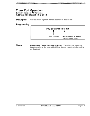 Page 489Trunk Port Operation
Software Version: All VersionsAddress: FF2 
(Trunk)# l# (0 or l)#
DescriptionUse this feature to put a CO trunk in service or “busy it out”.
ProgrammingFF2 
(li”” 1# (0 y l)#
Trunk NuniberO=Place trunk in service.
l=Busy-out the trunk.
NotesPrecaution on Putting Lines Out of Service.If you busy-out a trunk, an
incoming caller on that trunk will still hear ringing, even though the trunk is
not functional.
D BS-70-400DBS Manual - Issued 8/l/95Page 2-3 