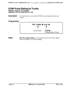 Page 490DTMF/PuIse Dialing for Trunks
Software Version: All VersionsAddress: FF2 (Trunk)# 
2# (0 or l)#
DescriptionUse this feature to set a trunk for DTMF or pulse dialing (10 pulses per
second).
Programming
I
Trunk NumberO=DTMF
l=Pulse dialing (10 pps)
Notes-Door Box Adapter Setting.CO trunk ports used for Door Box Adapter
Sensors should be set for “Pulse dialing”.
Page 2-4DBS Manual - Issued 8/l/95DBS-70-400 