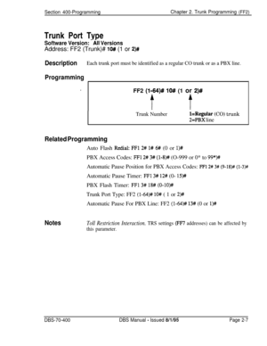 Page 493Section 400-ProgrammingChapter 2. Trunk Programming (FF2)Trunk Port Type
Software Version: -All VersionsAddress: FF2 (Trunk)# 
lO# (1 or 2)#
DescriptionEach trunk port must be identified as a regular CO trunk or as a PBX line.
Programming
.FF2 (I-64)# lO# (1 or 2)#
t t
Trunk Numberl=Regular (CO) trunk
2=PBX line
Related ProgrammingAuto Flash 
R&al: FFl 2# l# 6# (0 or l)#PBX Access Codes: 
FFl 2# 3# (l-8)# (O-999 or 0* to 99*)#
Automatic Pause Position for PBX Access Codes: FFl 2# 3# (9-18)#...