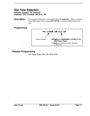 Page 497Dial Tone Detection
Software Version: All VersionsAddress: FF2 (Trunk)# 
14# (0 or l)#
DescriptionThis program determines when dialed digits are outpulsed -- either according
to the Dial Pause Timer setting 
(FFl 3# 17#), or after the DBS detects dial
tone.
Programming
FF2(I-64)#14#I (0 or l)#
Trunk NumberO=Digits are outpulsed according to the
Dial Pause Timer.
l=Digits are outpulsed after dial tone
is detected.
.Related Programming
Dial 
PauseTimer: FFl 3# 17# (0-15)#DBS-70-400DBS Manual 
- Issued...