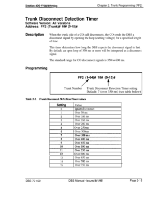 Page 501Seotion 400~ProgrammingChapter 2. Trunk Programming (FF2)
Trunk Disconnect Detection Timer
Software Version: All VersionsAddress: FF2 (Trunk)# 
18# (O-15)#
DescriptionWhen the trunk side of a CO call disconnects, the CO sends the DBS a
disconnect signal by opening the loop (cutting voltage) for a specified length
of time.
This timer determines how long the DBS expects the disconnect signal to last.
By default, an open loop of 350 ms or more will be interpreted as a disconnect
signal.
The standard range...