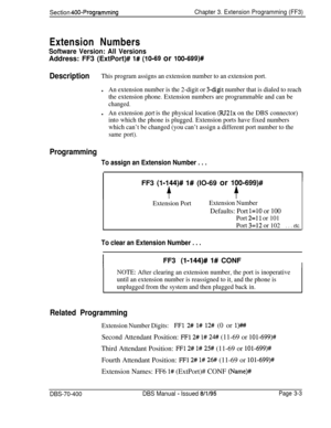 Page 515Section 400~ProgrammingChapter 3. Extension Programming (FF3)Extension Numbers
Software Version: All VersionsAddress: FF3 (ExtPort)# 
1# (lo-69 or lOO-699)#
DescriptionThis program assigns an extension number to an extension port.
lAn extension number is the 2-digit or 3-digit number that is dialed to reach
the extension phone. Extension numbers are programmable and can be
changed.
lAn extension port is the physical location (RJ2lx on the DBS connector)
into which the phone is plugged. Extension ports...