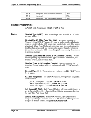 Page 518Chapter 3. Extension Programming (FF3)Section 400-Programming
31-38Integrated Auto Attendant channels
39-40(not used)
41-48Integrated DBS Voice Mail channelsAuto
N/A
Auto
Related Programming
APVAEC Slot Assignment: FFl 2# l# 20# (2-9 or
NotesTerminal Type 6 (DSLT).This terminal type is not available in CPC-A/B
versions prior to 3.1.
Terminal Type IO (Third-Party Voice Mail).Beginning with CPC-A
Version 3.28 and CPC-B Version 4.07, when an analog port hookflashes to
return to a held trunk, the DBS returns...