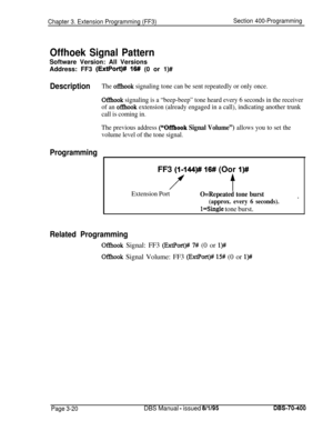 Page 532Chapter 3. Extension Programming (FF3)Section 400-Programming
Offhoek Signal PatternSoftware Version: All Versions
Address: FF3 
(ExtPort)# 1611 (0 or 1)#
DescriptionThe ofIhook signaling tone can be sent repeatedly or only once.
OfThook signaling is a “beep-beep” tone heard every 6 seconds in the receiver
of an 
oflhook extension (already engaged in a call), indicating another trunk
call is coming in.
The previous address 
(“Offhook Signal Volume”) allows you to set the
volume level of the tone signal....